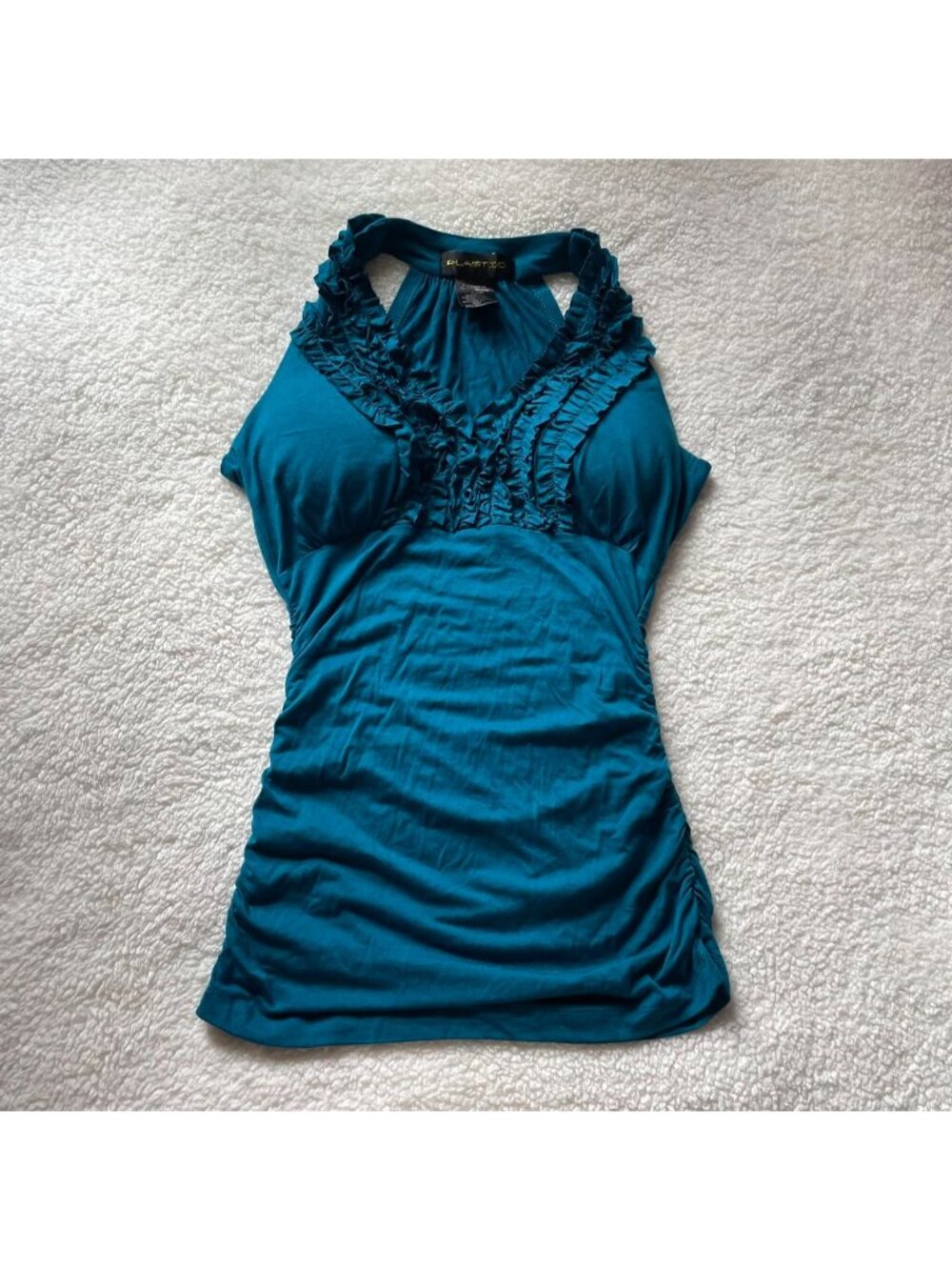 2000s blue sleeveless top with ruffled neckline